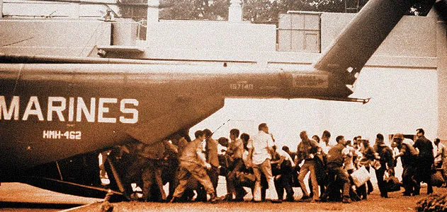 During the United States’ final 24 hours in Vietnam, American nationals and Vietnamese refugees were crowded onto Marine and Air Force helicopters that landed within the U.S. embassy compound.