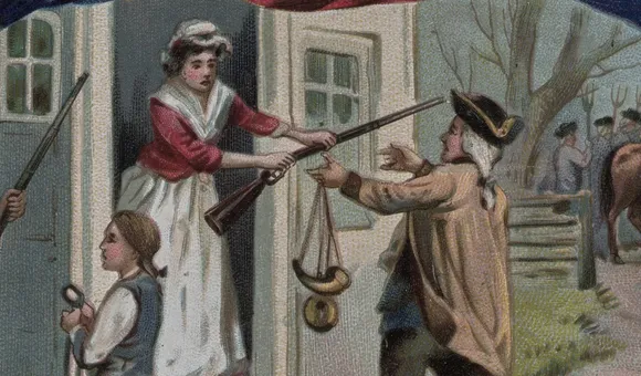 illustration of a woman handing a musket to a militiaman at the doorway of a home while a child stands nearby and soldiers gather in the background.