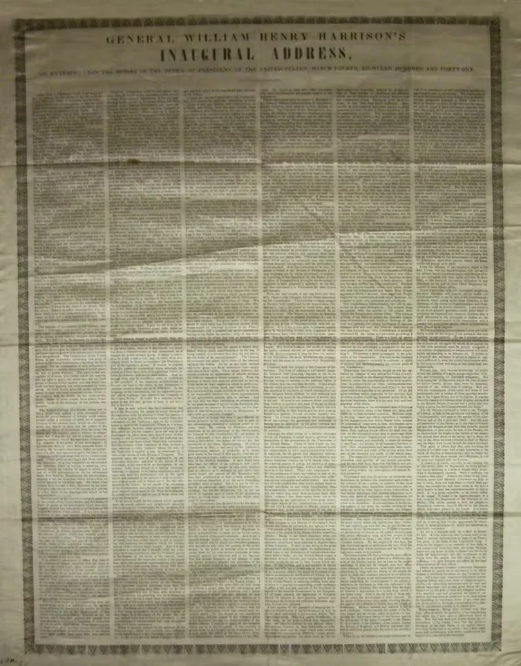silk fabric with the speech of William Henry Harrison printed