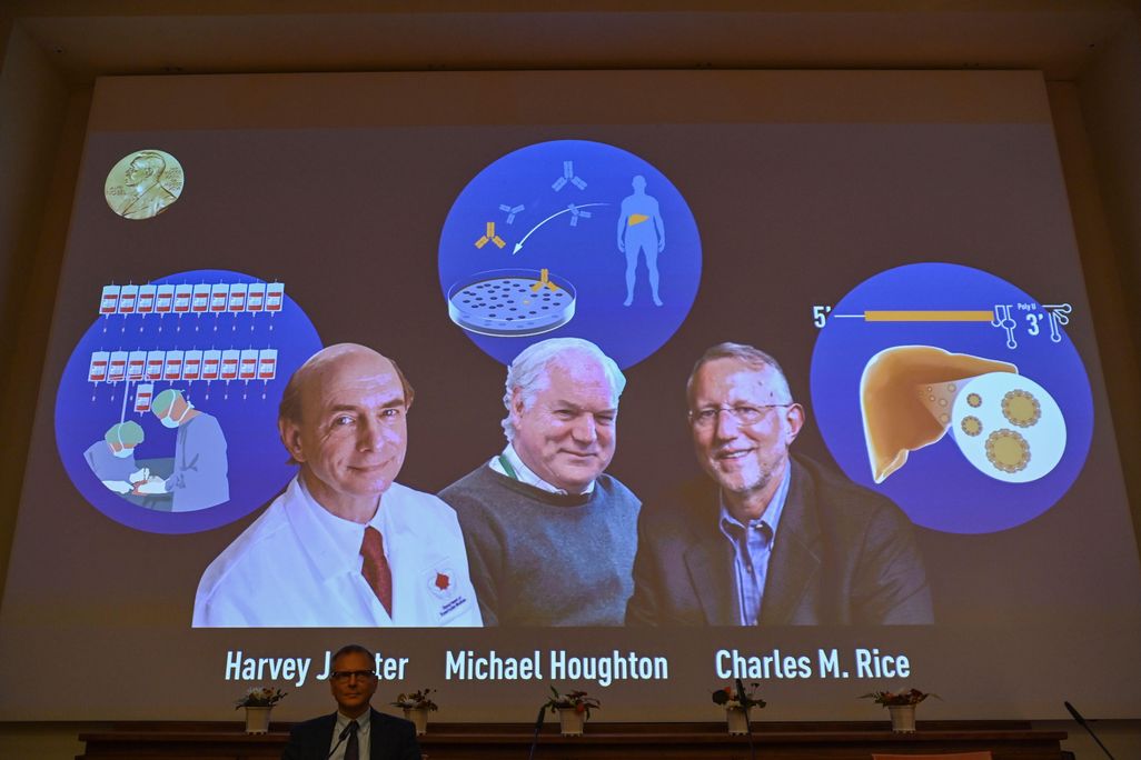 Nobel Committee member Patrik Ernfors sits in front of a screen displaying the winners of the 2020 Nobel Prize in Physiology or Medicine, (L-R) American Harvey Alter, Briton Michael Houghton and American Charles Rice, during a press conference