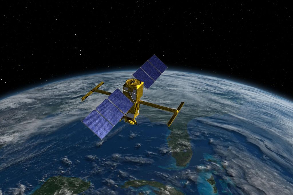 An illustration of the SWOT satellite orbiting Earth