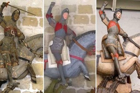 L to R: The statue of St. George prior to 2018 restoration attempt, statue post-restoration, and statue following recent "unrestoration"