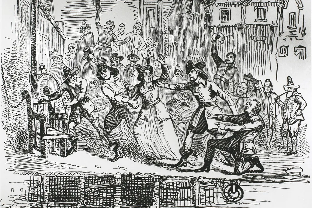 Drawing of a woman being dragged to a ducking stool at a river in Ipswich, Suffolk, around 1600
