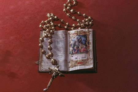 Rosary beads and Bible belonging to Mary, Queen of Scots, pictured at Arundel Castle in January 1968. Authorities recently announced the rosary's theft from the English stronghold.