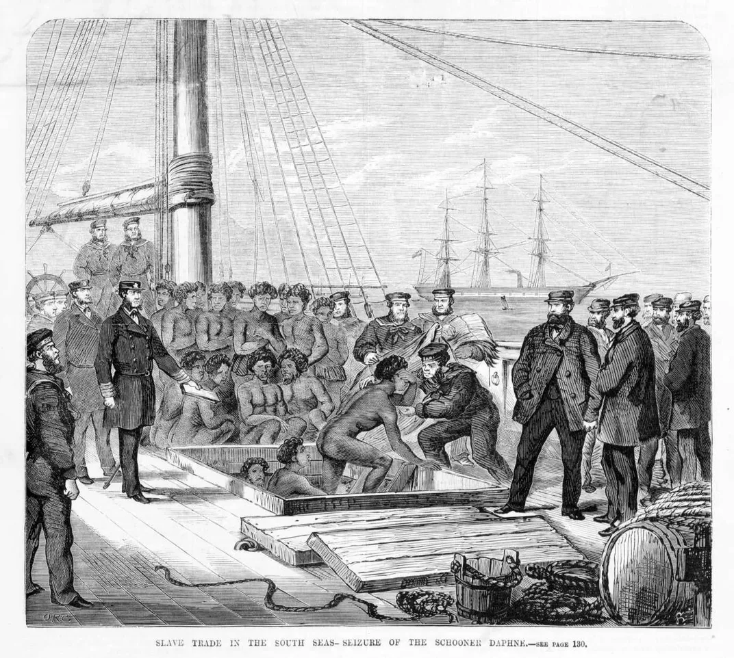 A drawing of the seizure of the Daphne ​​​​​​​in 1869