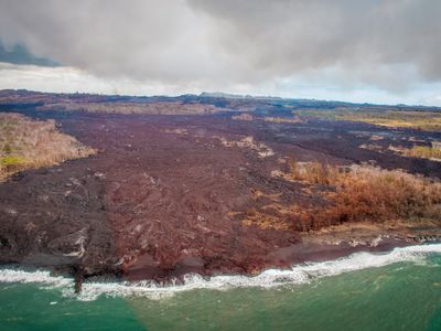 The Malama Kī Forest Reserve, seen from a helicopter, has been inundated with lava. What the lava hasn't covered, volcanic gases have browned, defoliated and suffocated.