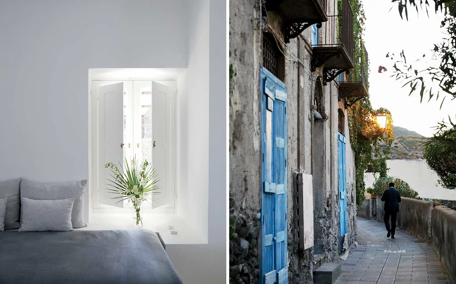 From left: A guest room at Capofaro Locanda & Malvasia, a hotel on Salina; near the port of Malfa, on Salina.