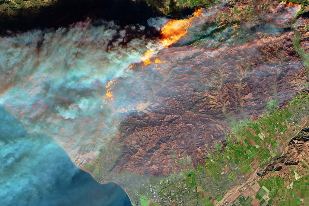 False-color satellite image of the Thomas Fire's burn scar and active flames, in northern Ventura, on December 5, 2017.