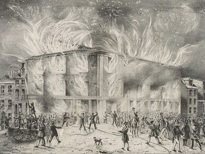 Destruction by fire of Pennsylvania Hall, the new building of the Abolition Society, on the night of the May 17, 1838