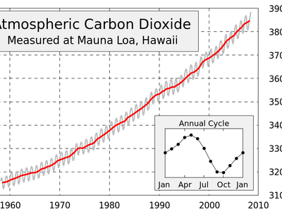 This figure shows the history of atmospheric carbon dioxide concentrations as directly measured at Mauna Loa, Hawaii.