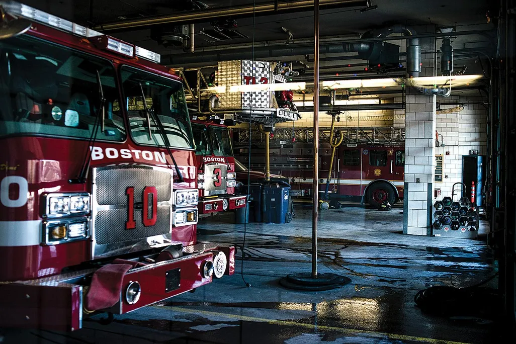 Firetruck and fire pole in Boston fire station