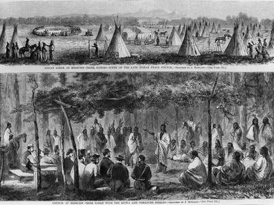 U.S. government officials met with multiple tribes of the Great Plains to negotiate the Medicine Lodge Treaty in 1867. 