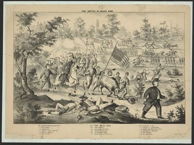This 1861 cartoon of the Bull Run battlefield includes a portrayal of watching House members and "ladies as spectators."