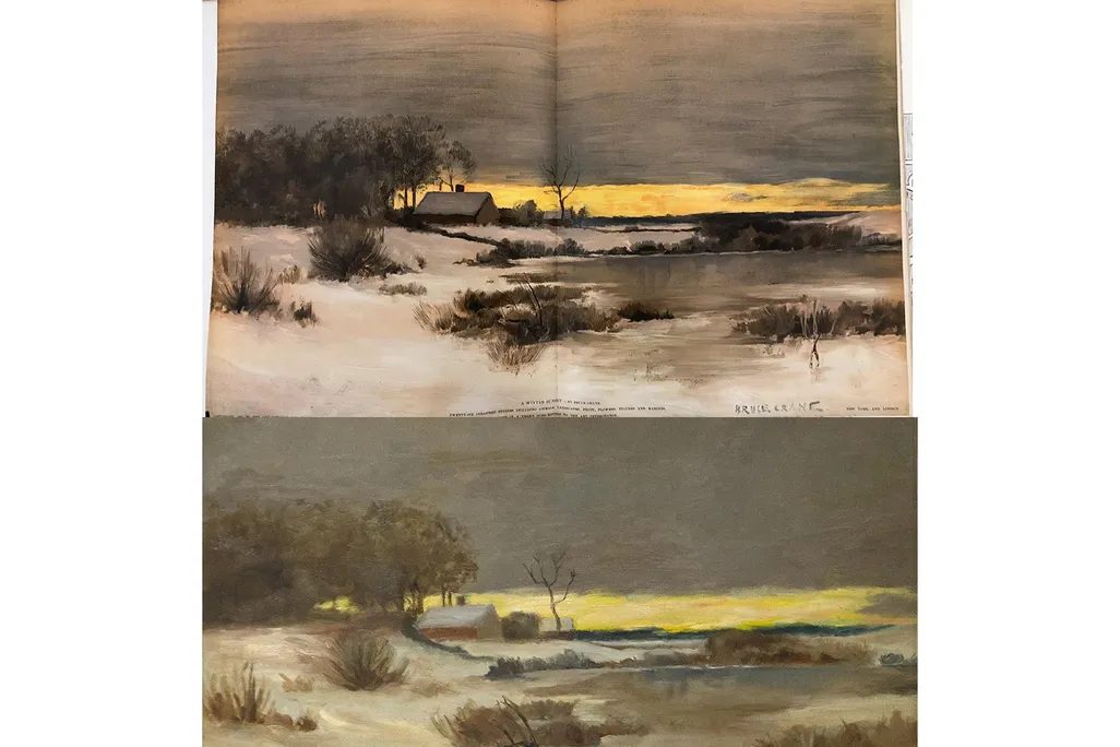 On top, the instructional image has a fold in the center where it fit into the magazine; a yellow streak of sunset, gray clouds; and a farmhouse; the same image is virtually the same, although less crisply defined, in Hopper's oil painting below