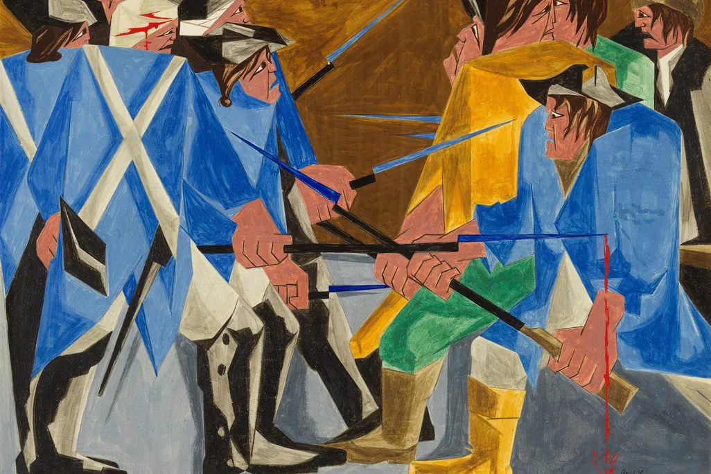 An angular, vibrantly colored painting of men in bright blue coats pointing long spiky bayonets at one another; on the right, the men wear a jumble of colors, while on the left the men wear blue and white uniforms