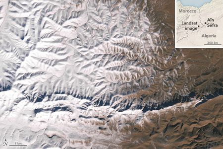 This image from the Landsat 7 satellite depicts snow near the border of Morocco and Algeria, south of the city of Bouarfa and southwest of Ain Sefra.