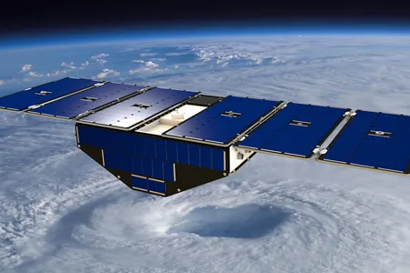 Artist's concept of a CYGNSS satellite monitoring a hurricane.