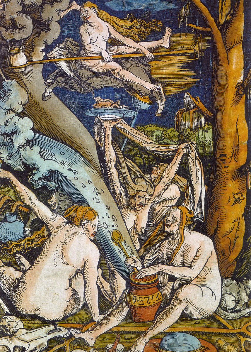 alt="Colored illustration of nude women behaving as witches: flying on a goat with a broom and kettle, raising a platter, and tending to a pot or cauldron."