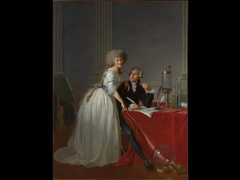 A stately portrait of a woman leaning over a desk draped with red cloth, where a man wearing a suit sits and writes, surrounded by elegant scientific equipment