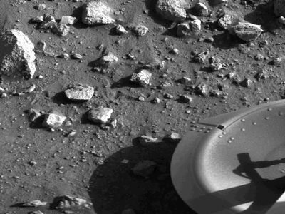 The first picture taken by Viking 1 on the surface of Mars, July 20, 1976.