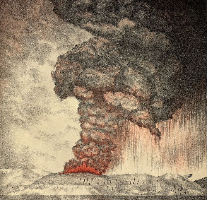 An 1888 lithograph of the 1883 eruption of Krakatoa