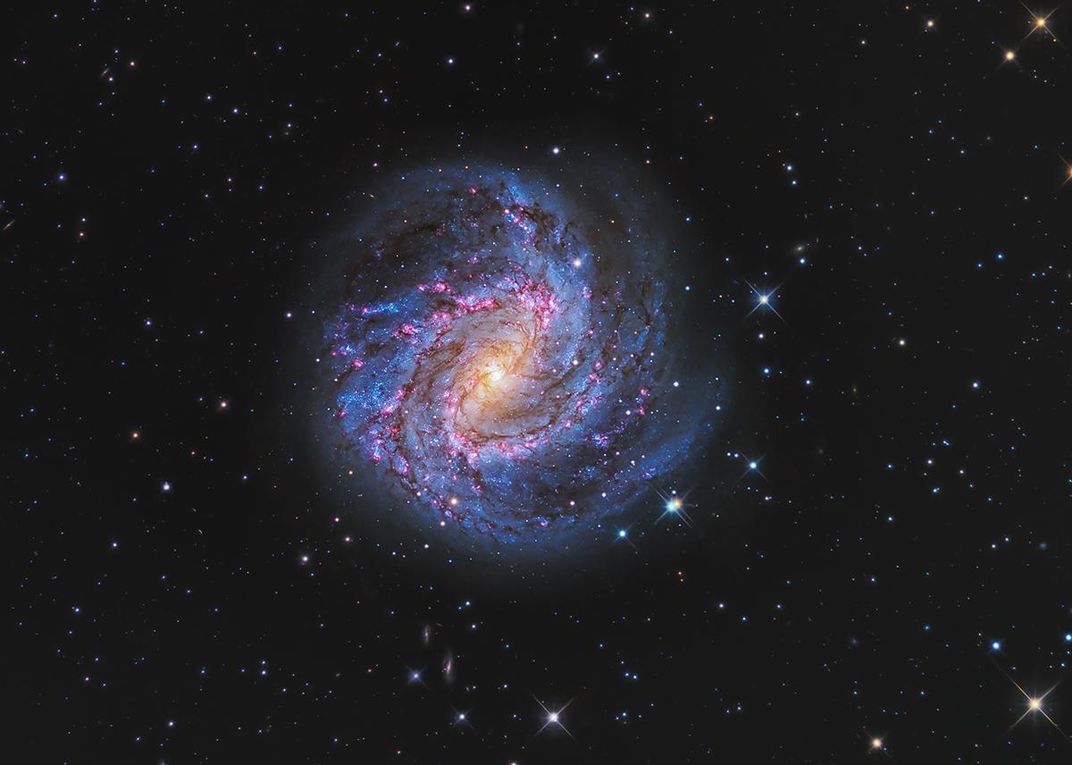 An image of a pinwheel galaxy in space. The galaxy is swirling with red and blue stars and dust.