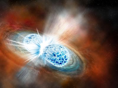 An artist concept of two neutron stars colliding and creating, among other things, ripples in space-time and a quantity of gold that would make Fort Knox blush.  