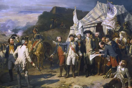 A 19th-century painting of the siege of Yorktown, with the Marquis de Lafayette depicted to the right of George Washington (center, right). A popular story suggests that Lafayette ordered the Continental fife and drum corps to play &ldquo;Yankee Doodle&rdquo; as the defeated British soldiers marched out to surrender after the battle.