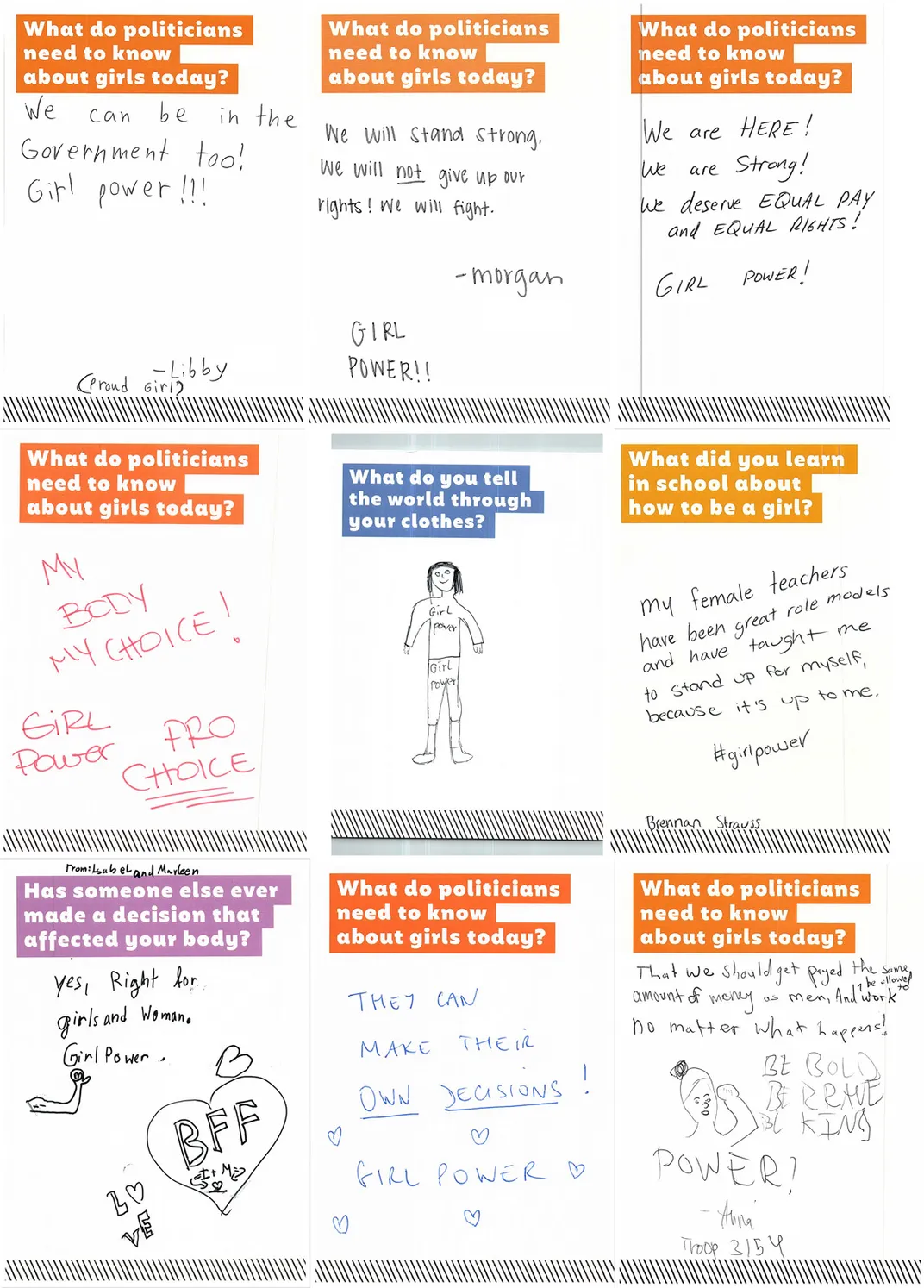 Nine cards with visitor messages. One visitor responds to the prompt "What do politicians need to know about girls today" with a message that includes "We will stand strong. We will not give up our rights! We will fight."