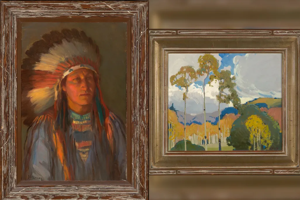 Oklahoma Cheyenne, Joseph Henry Sharp, circa 1915 (left) and Victor Higgins, Aspens, circa 1932 (right)
