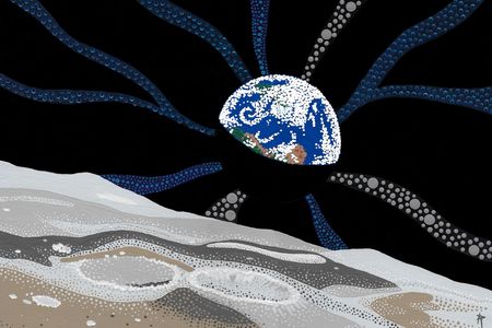 “Earthrise” by Jon Ramer reimagines “Earthrise” by Bill Anders (right). Ramer’s “dot art,” a style he learned from aboriginal Australians, is acrylic on gessoed masonite.