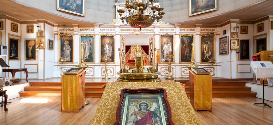  Interior of St. Michael's Russian Orthodox Church, Sitka. Credit: ©State of Alaska/Mark Kelley
