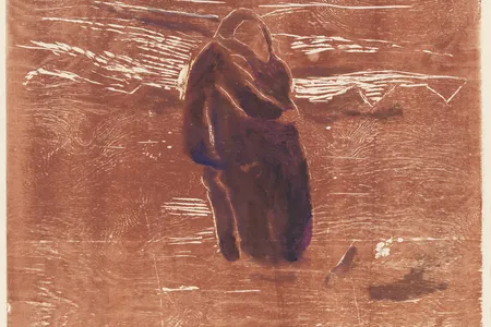 "The Kiss in the Field," 1943
woodcut printed in red-brown with watercolor on wove paper
