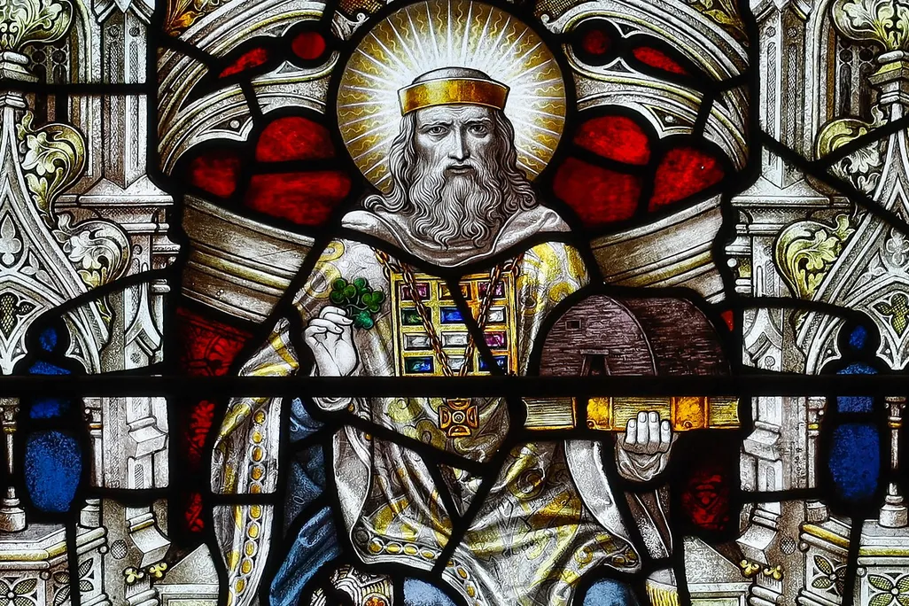 A stained-glass depiction of Saint Patrick