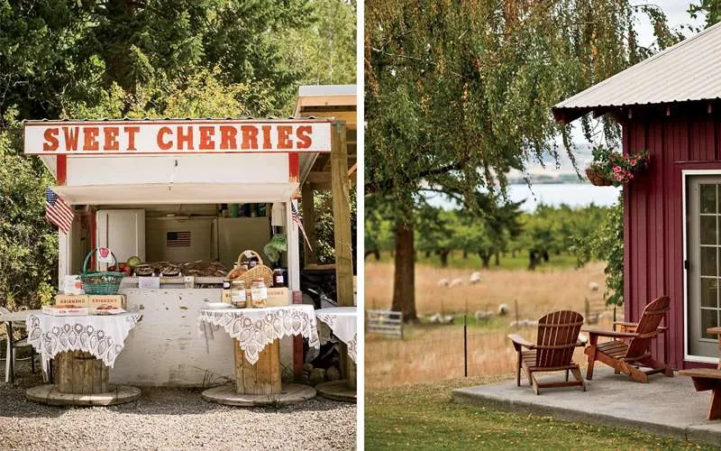 From left: A roadside stand near the town of Polson; Barry and Anita Hansen’s guesthouse in Finley Point, where the writer stayed through Airbnb.
