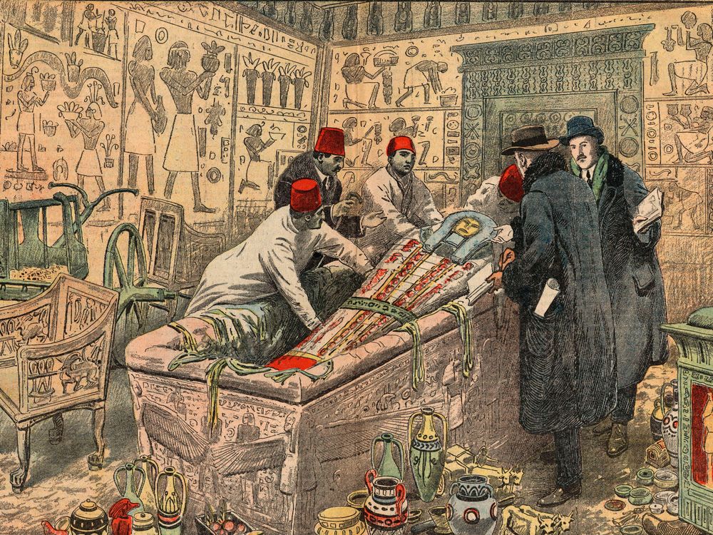 Illustration of Howard Carter and Lord Carnarvon in the Tomb of Tutankhamun