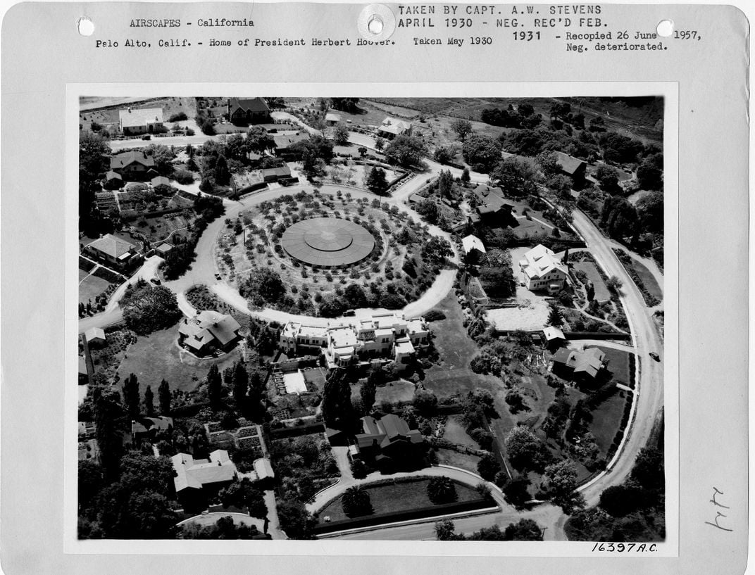 Aerial view of President Herbert Hoover's Palo Alto home in 1930