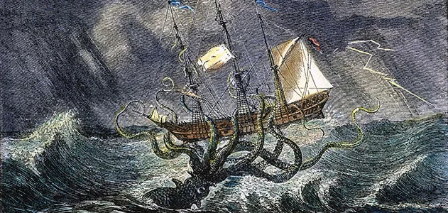 Giant squid attacking ship
