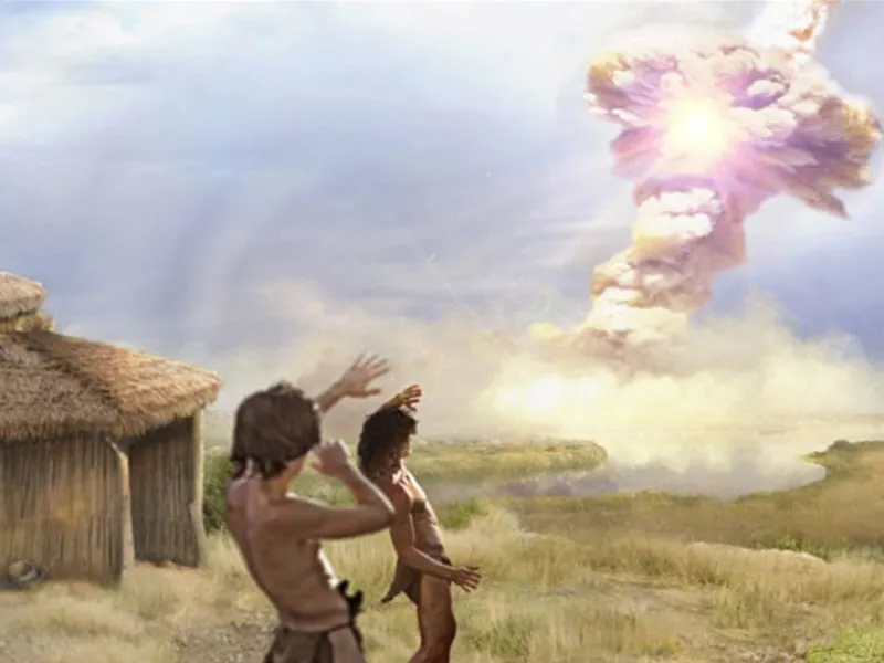 An artist's interpretation of a comet airburst over the village