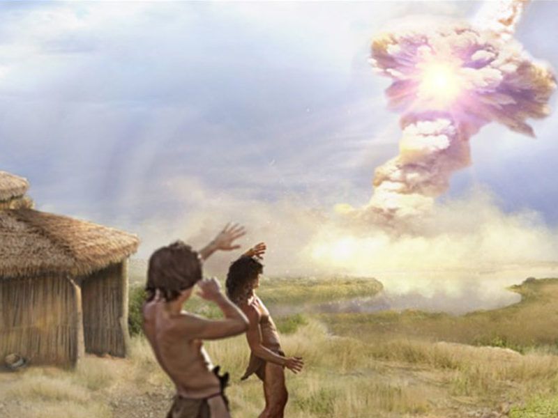 An artist's interpretation of a comet airburst over the village