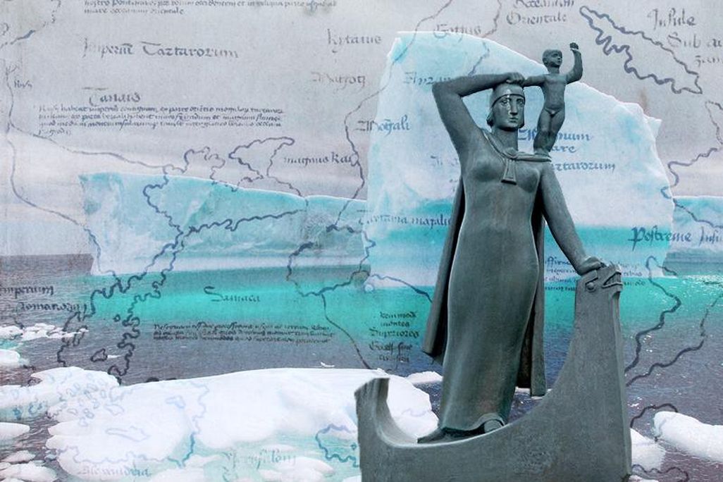Illustration featuring a statue of Gudrid and her son in front of icebergs and a map of Vinland