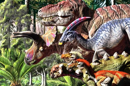 An illustration depicting some of the dinosaurs that roamed the Earth during the Late Cretaceous. 