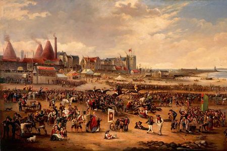 The Leith glass factory's cone-shaped furnaces appear in the background of painter William Reed's Leith Races.

