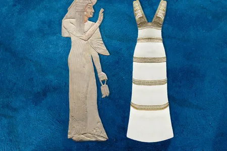 In an exhibition on ancient Egyptian-inspired fashion at the Cleveland Museum of Art, a relief depicts the wife of Amenhotep wearing a&nbsp;kalasiris, or long linen dress, juxtaposed with a white jersey gown designed by Karl Lagerfeld in 2019.
