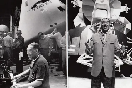 Duke Ellington rehearsing (left) his original composition “Moon Maiden,” and taping his performance (right) on July 15, 1969.