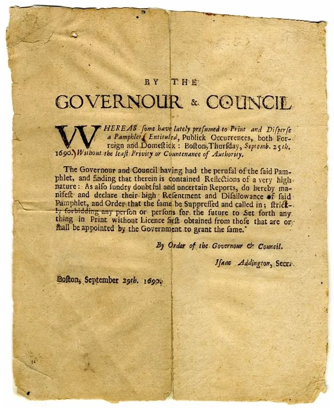 The order banning future publication of Publick Occurrences Both Forreign and Domestick