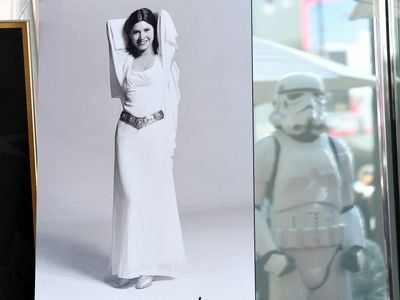 A publicity photo of Carrie Fisher wearing Princess Leia&#39;s white gown from&nbsp;Star Wars Episode IV: A New Hope was on display when the late actress was awarded a star on the Hollywood Walk of Fame in May.&nbsp;


