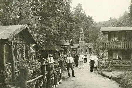 In Hot Springs, North Carolina, residents of an alien internment camp active from 1917 to 1918 built an authentic German village. They used tobacco tins to construct the church at the end of the lane. 