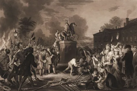 Pulling Down the Statue of George III, Johannes Adam Simon Oertel, engraved by John C. McRae, published by Joseph Laing, 1859