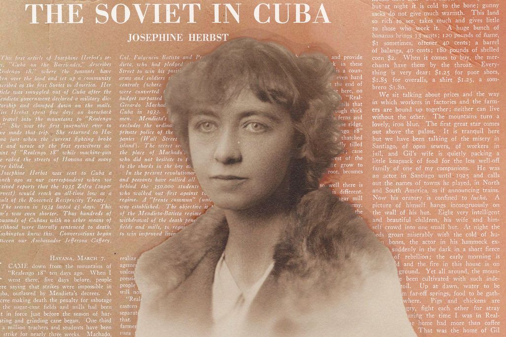 Illustration of Josephine Herbst in front of her New Masses story on the Soviets in Cuba